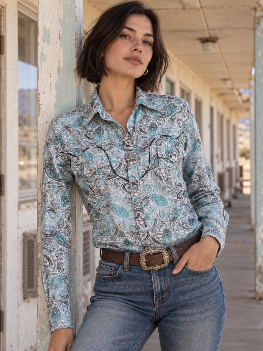 Panhandle Slim Women S Paisley Pearl Snap Western Cowgirl Shirt Aqua Y2K Era